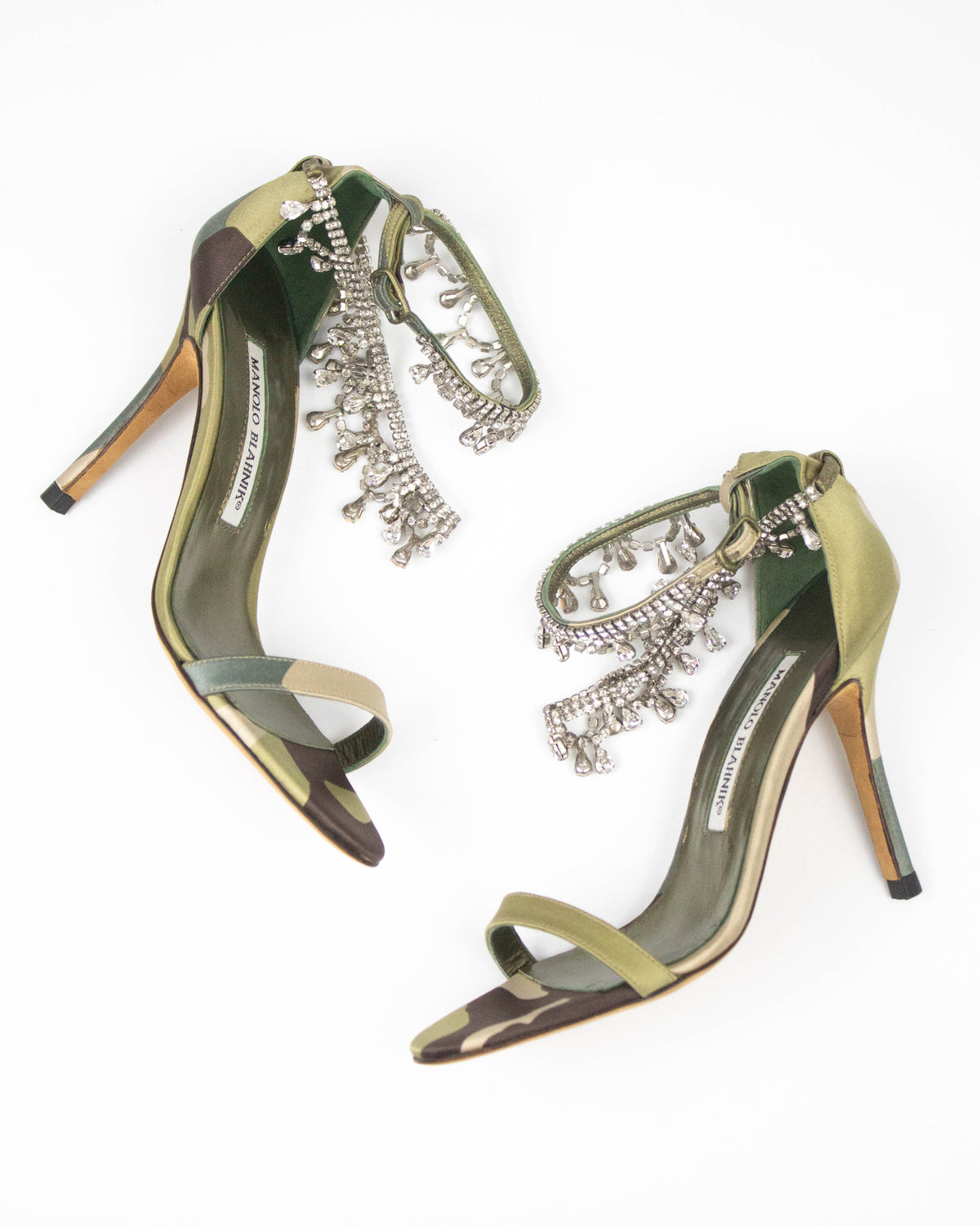 Vintage Manolo Blahnik Hourista Satin Camo Rhinestone Heels / 35.5 (US 5.5)