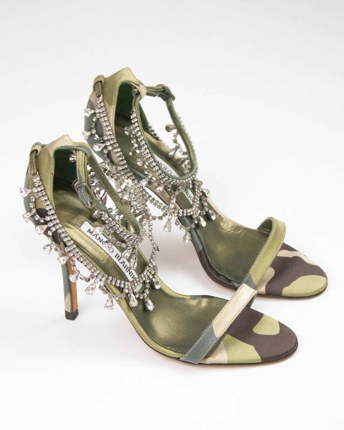 Vintage Manolo Blahnik Hourista Satin Camo Rhinestone Heels / 35.5 (US 5.5)
