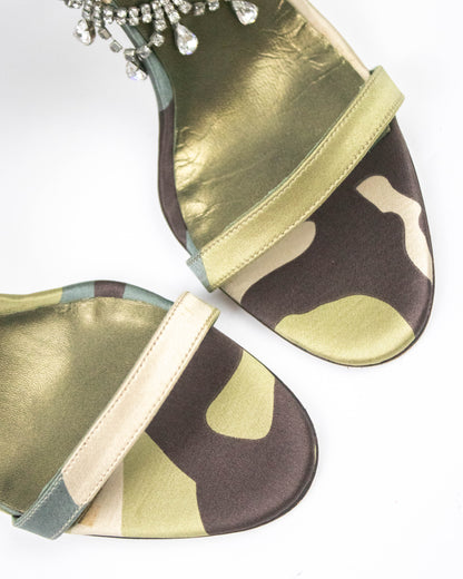Vintage Manolo Blahnik Hourista Satin Camo Rhinestone Heels / 35.5 (US 5.5)