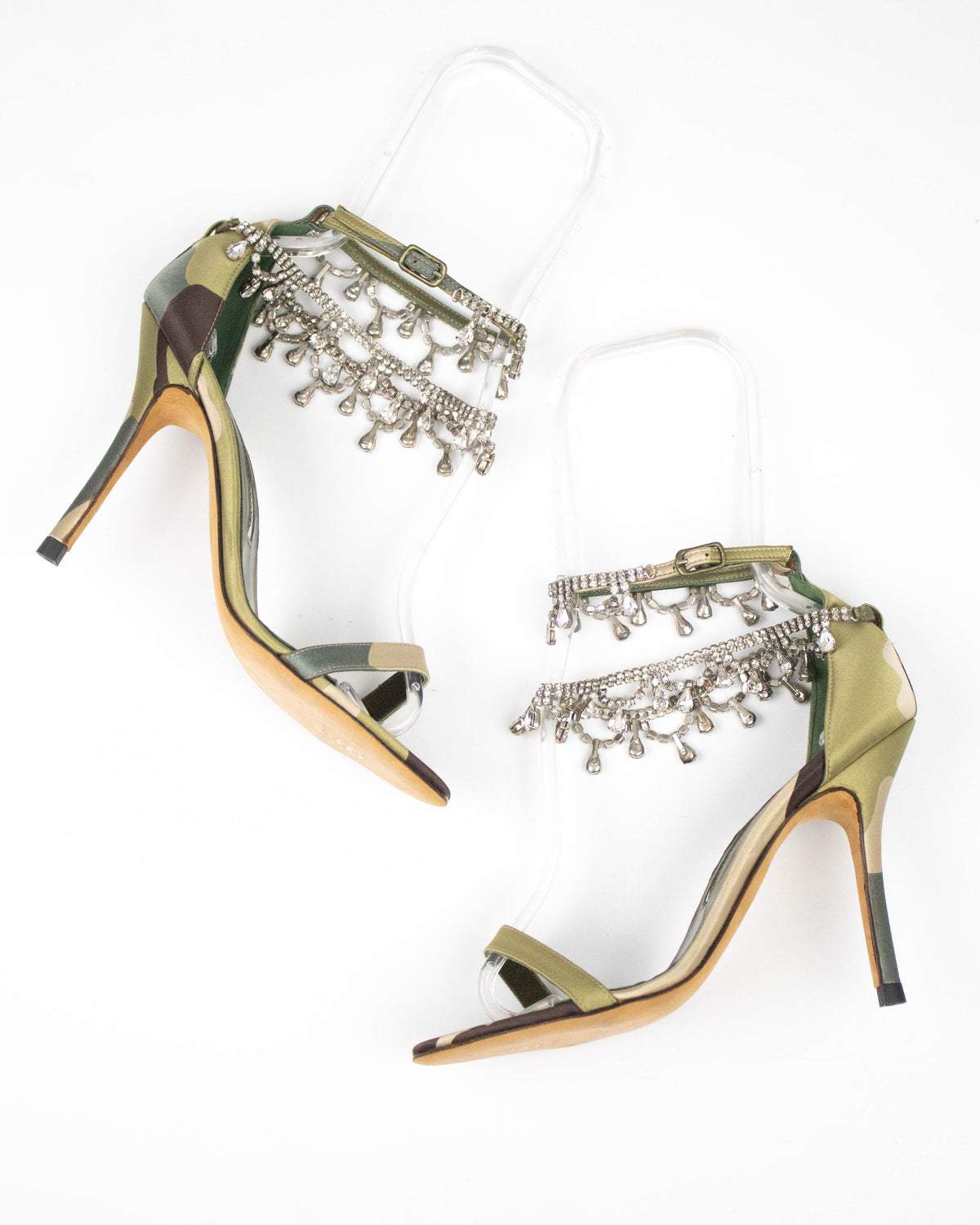 Vintage Manolo Blahnik Hourista Satin Camo Rhinestone Heels / 35.5 (US 5.5)