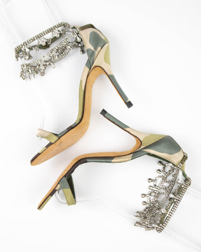 Vintage Manolo Blahnik Hourista Satin Camo Rhinestone Heels / 35.5 (US 5.5)