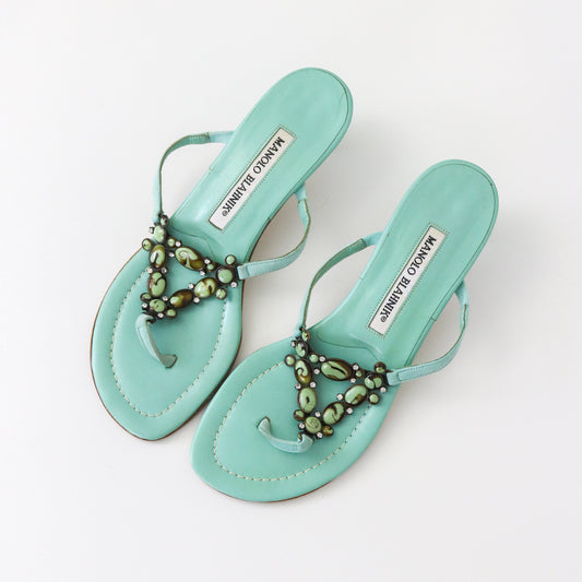 Vintage Manolo Blahnik Lenti Suede Turquoise Jewel Kitten Heel Thong Mules / 36 (US 6)