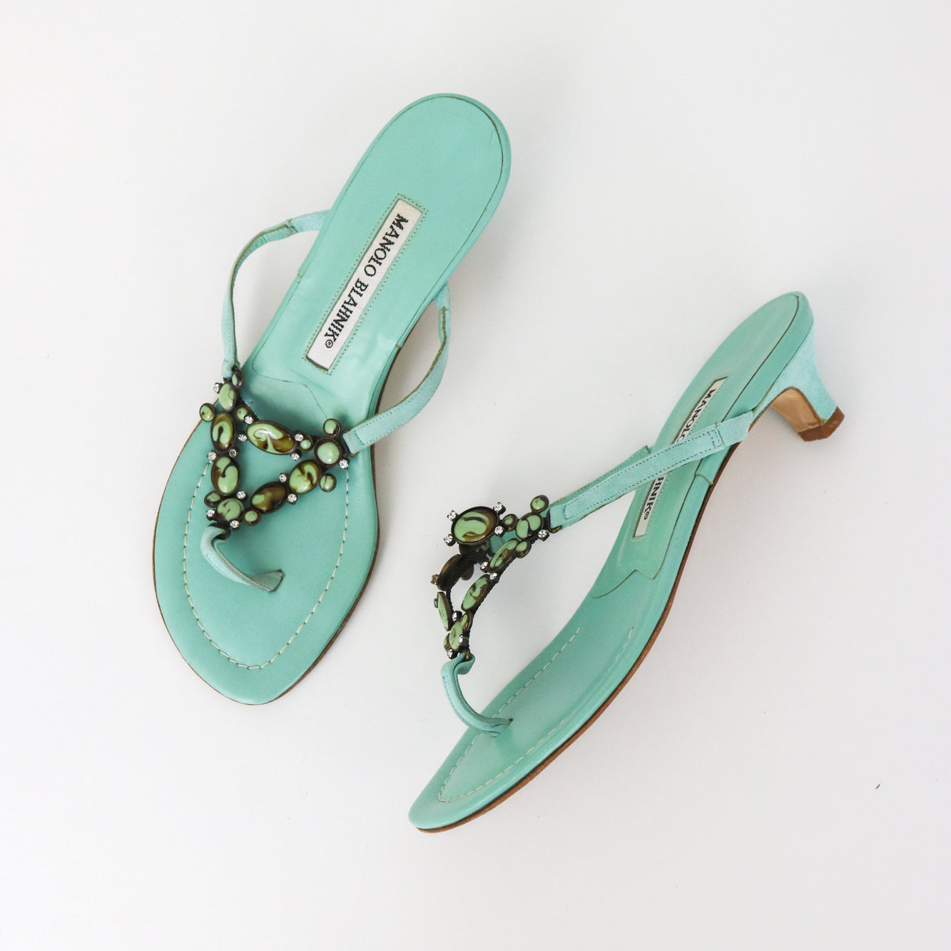Vintage Manolo Blahnik Lenti Suede Turquoise Jewel Kitten Heel Thong Mules / 36 (US 6)