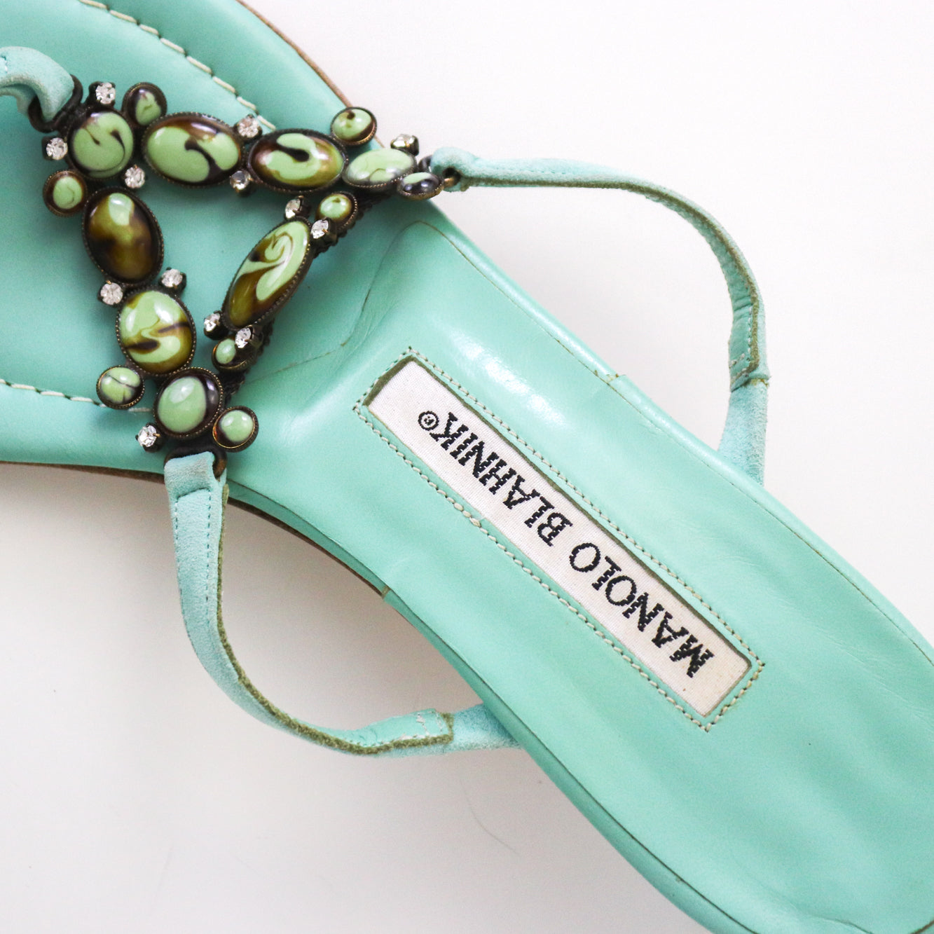 Vintage Manolo Blahnik Lenti Suede Turquoise Jewel Kitten Heel Thong Mules / 36 (US 6)