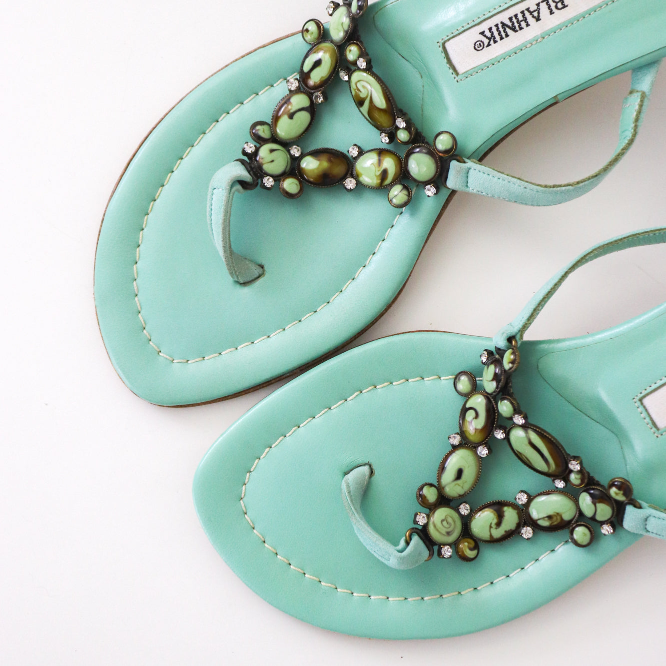 Vintage Manolo Blahnik Lenti Suede Turquoise Jewel Kitten Heel Thong Mules / 36 (US 6)