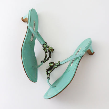Vintage Manolo Blahnik Lenti Suede Turquoise Jewel Kitten Heel Thong Mules / 36 (US 6)