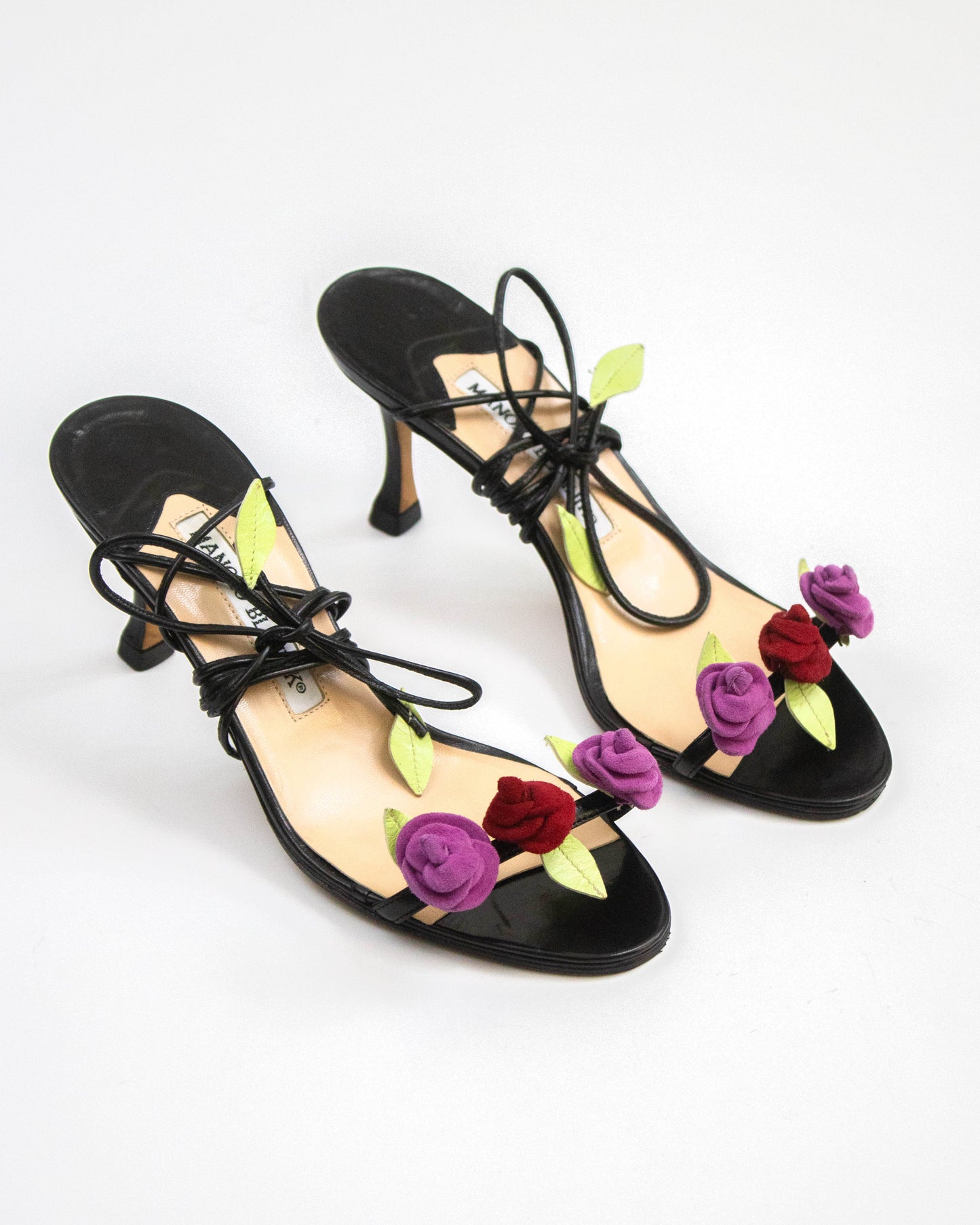 Vintage Manolo Blahnik Rose Vine Ankle Wrap Heels / 34.5 (US 4.5)