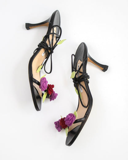 Vintage Manolo Blahnik Rose Vine Ankle Wrap Heels / 34.5 (US 4.5)