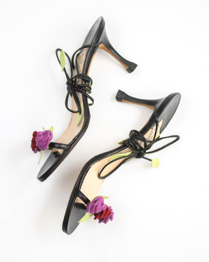 Vintage Manolo Blahnik Rose Vine Ankle Wrap Heels / 34.5 (US 4.5)