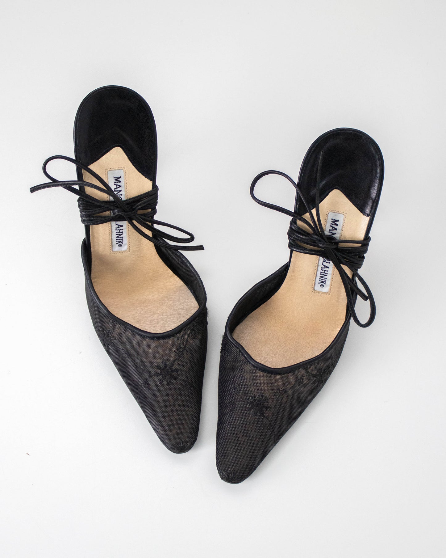 Vintage Manolo Blahnik Sheer Floral Embroidered Mule Ankle Wrap Heels / 36 (US 6)