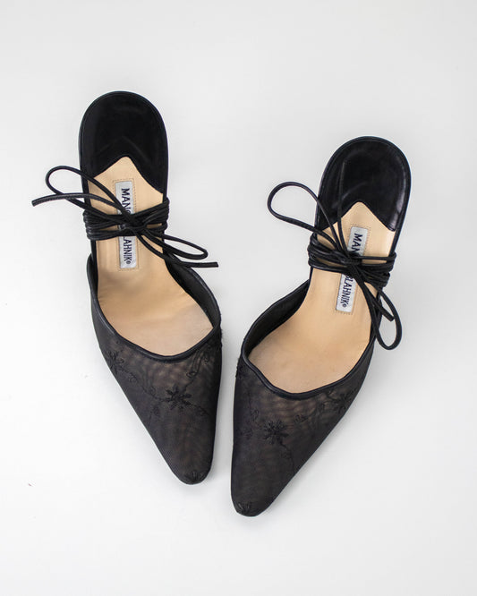 Vintage Manolo Blahnik Sheer Floral Embroidered Mule Ankle Wrap Heels / 36 (US 6)