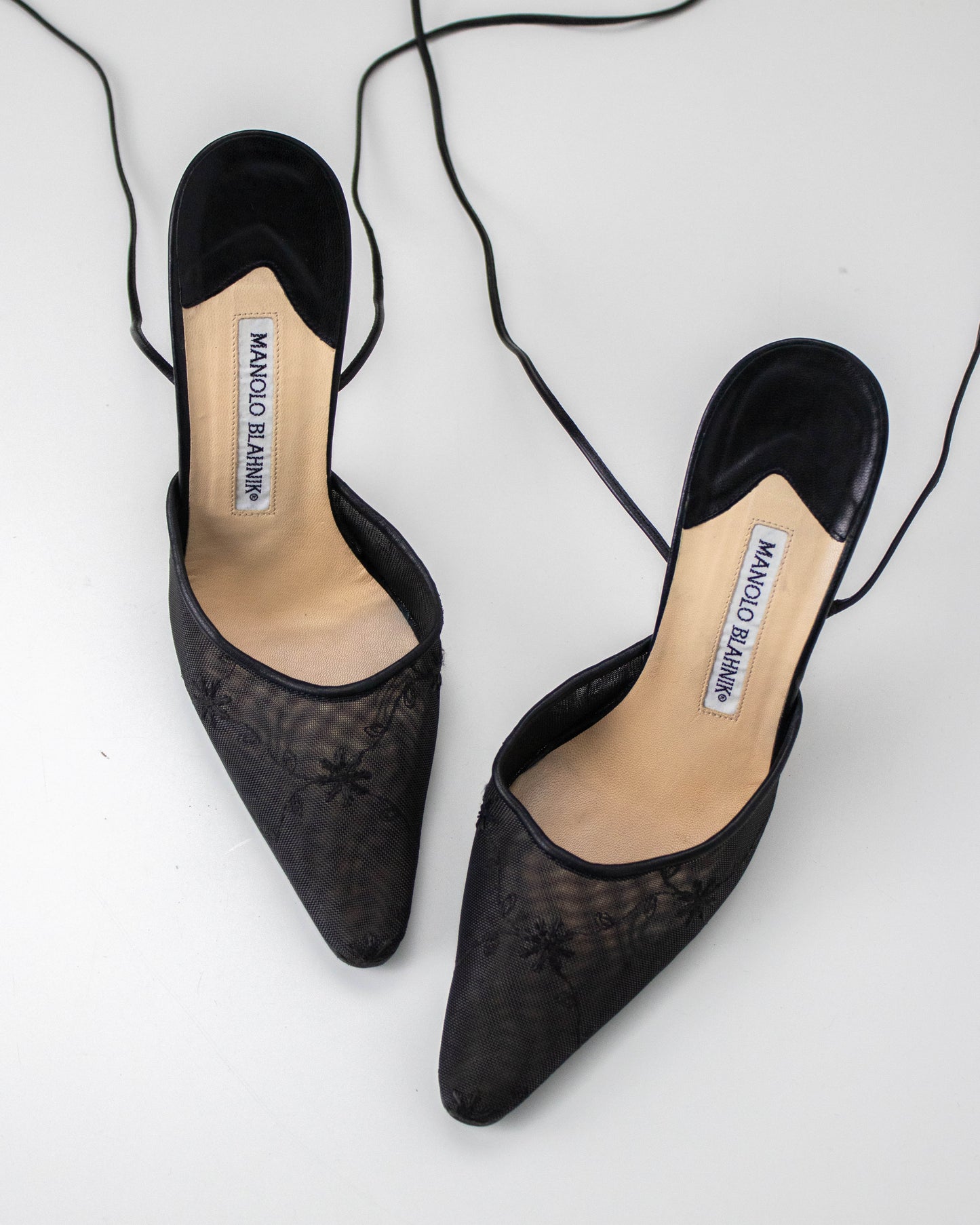 Vintage Manolo Blahnik Sheer Floral Embroidered Mule Ankle Wrap Heels / 36 (US 6)