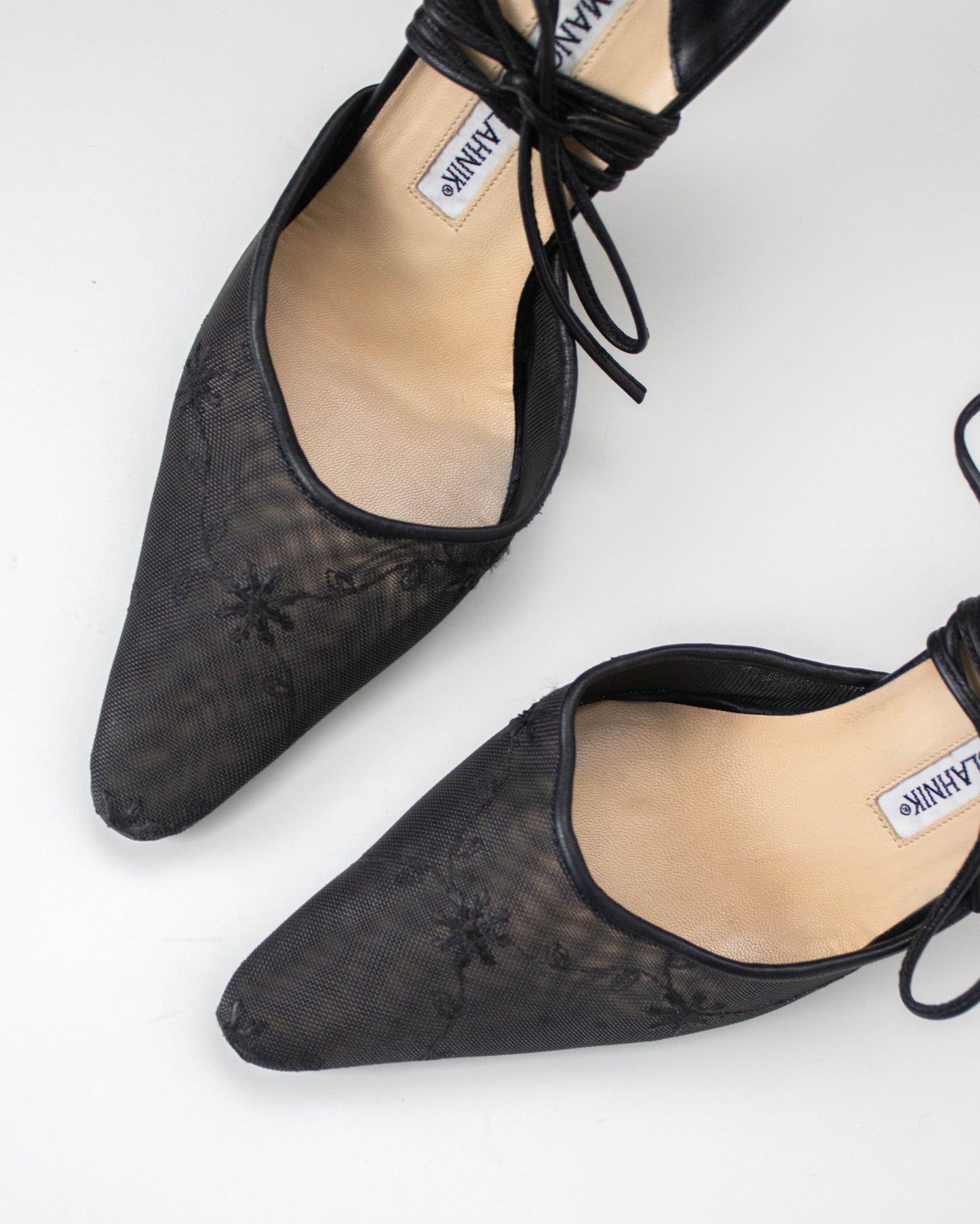 Vintage Manolo Blahnik Sheer Floral Embroidered Mule Ankle Wrap Heels / 36 (US 6)