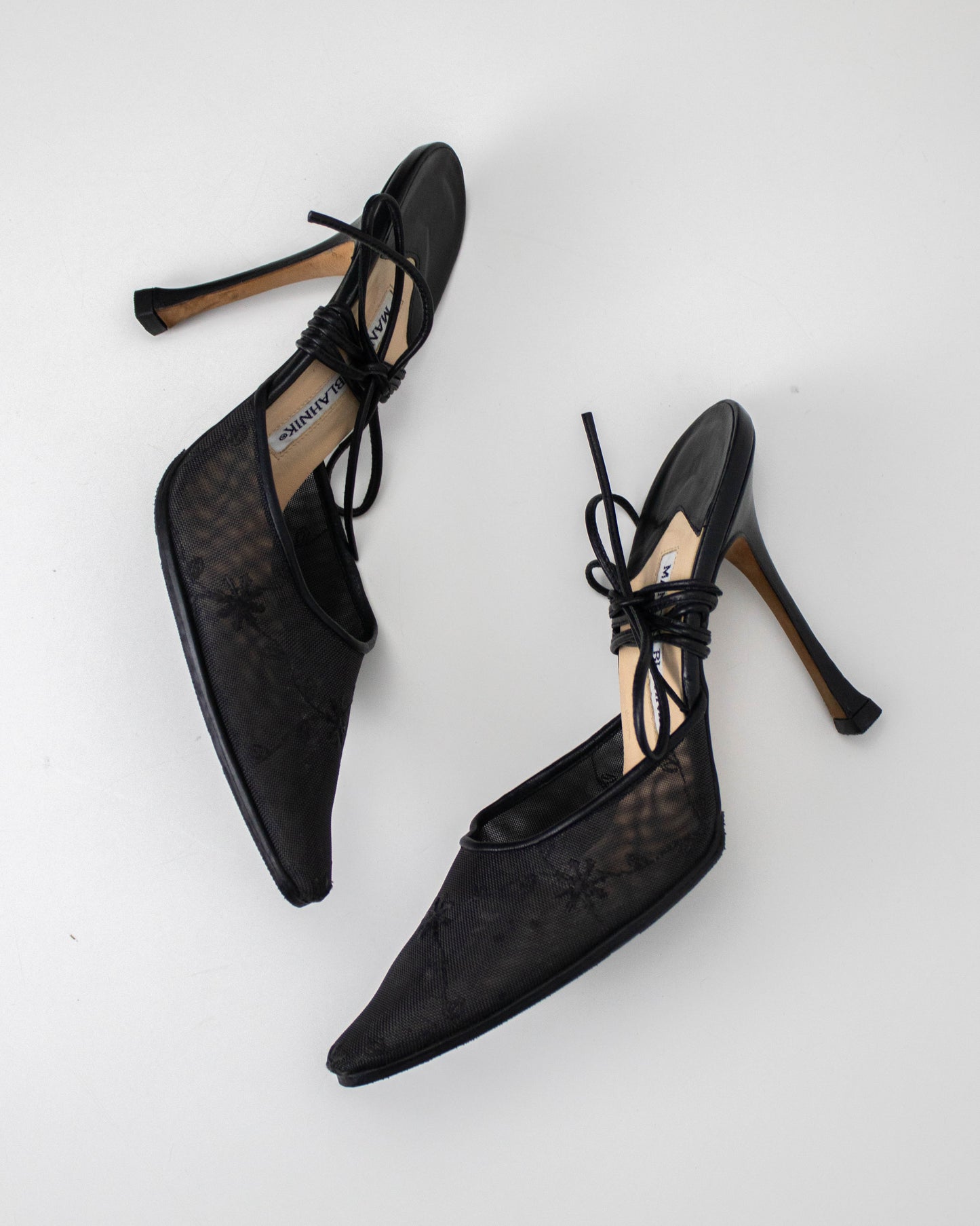 Vintage Manolo Blahnik Sheer Floral Embroidered Mule Ankle Wrap Heels / 36 (US 6)