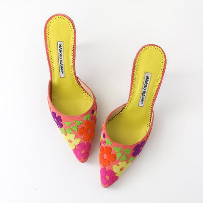 Vintage Manolo Blahnik Suede Floral Patchwork Pointed Toe Mule Heels / 36 (US 6)