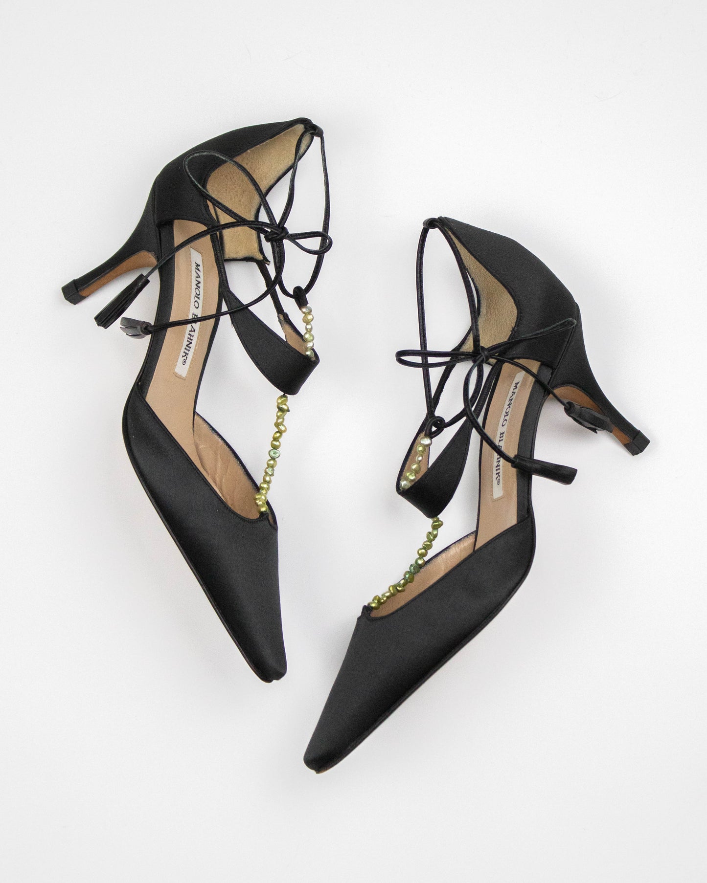 Vintage Manolo Blahnik T-Strap Freshwater Pearl Embellished Lace Up Heels / 36 (US 6)