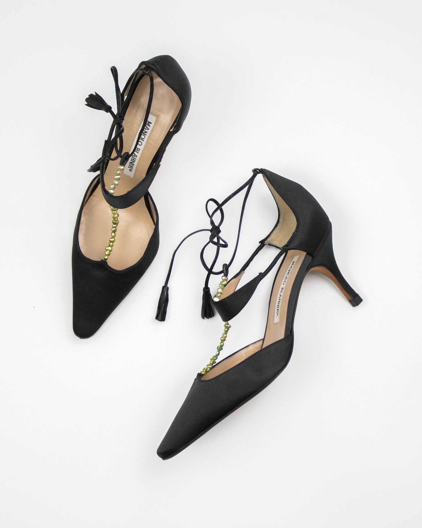 Vintage Manolo Blahnik T-Strap Freshwater Pearl Embellished Lace Up Heels / 36 (US 6)