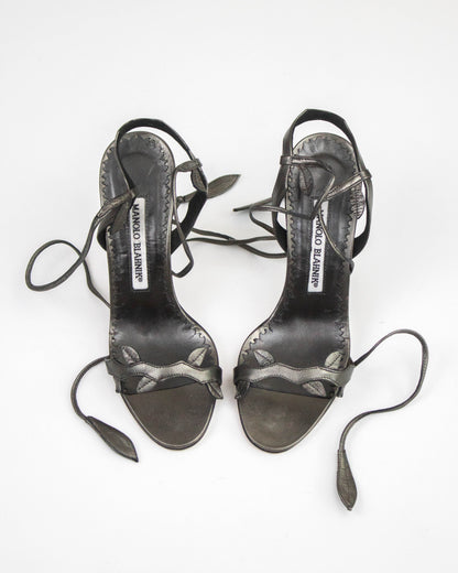 Vintage Manolo Blahnik Zuolas Metallic Floral Vine Lace Up Heels / 34.5 (US 4.5)