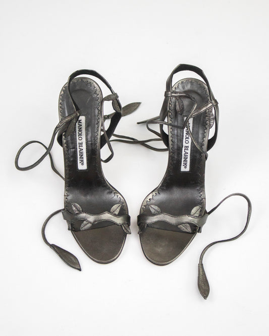 Vintage Manolo Blahnik Zuolas Metallic Floral Vine Lace Up Heels / 34.5 (US 4.5)