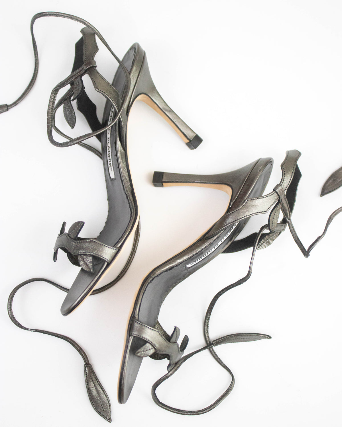 Vintage Manolo Blahnik Zuolas Metallic Floral Vine Lace Up Heels / 34.5 (US 4.5)