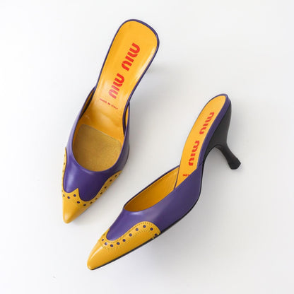 Vintage Miu Miu Prada Purple Yellow Leather Western Mules Pointed Toe Heels / 35.5 (US 5.5)