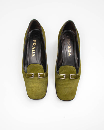 Vintage Prada 1990s Green Ponyhair Loafer Shoes / 35.5 (US 5.5)