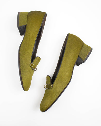 Vintage Prada 1990s Green Ponyhair Loafer Shoes / 35.5 (US 5.5)