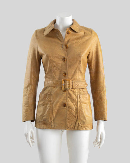 Vintage Prada 1996 Tan Leather Belted Jacket / XS