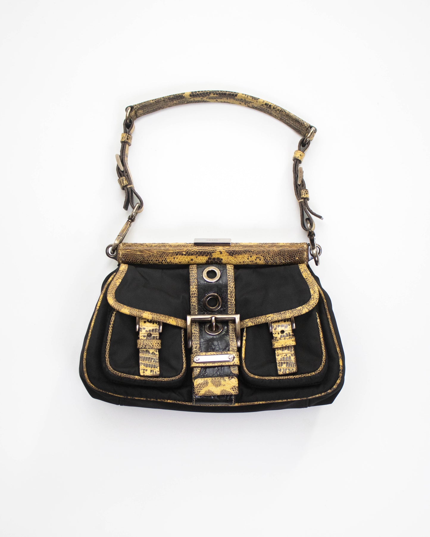 Vintage Prada Black Nylon Lizard Trim Shoulder Bag
