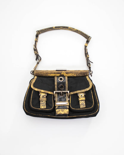 Vintage Prada Black Nylon Lizard Trim Shoulder Bag