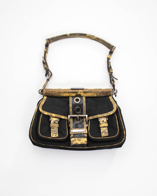 Vintage Prada Black Nylon Lizard Trim Shoulder Bag