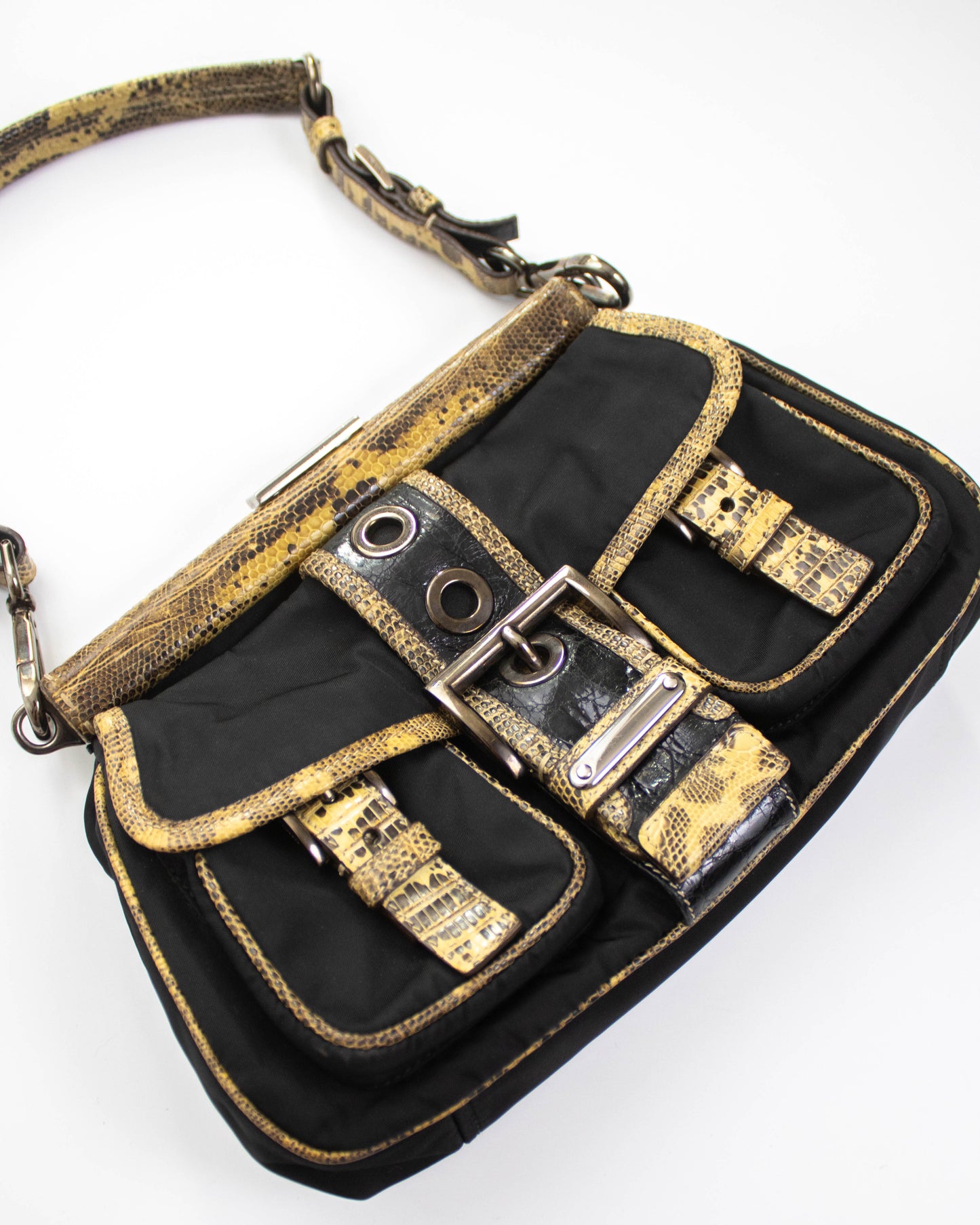 Vintage Prada Black Nylon Lizard Trim Shoulder Bag