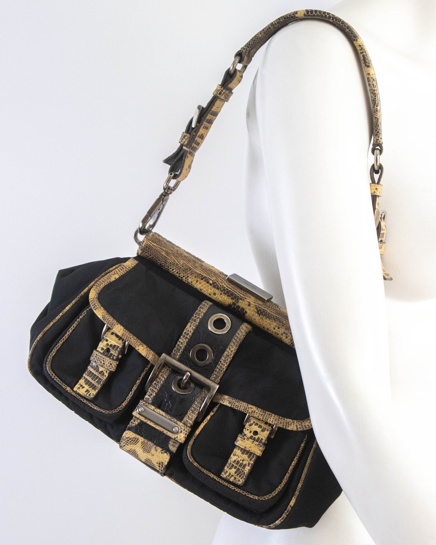 Vintage Prada Black Nylon Lizard Trim Shoulder Bag