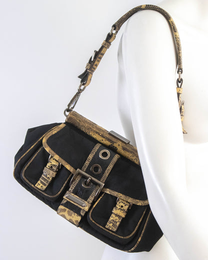 Vintage Prada Black Nylon Lizard Trim Shoulder Bag