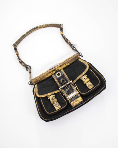Vintage Prada Black Nylon Lizard Trim Shoulder Bag