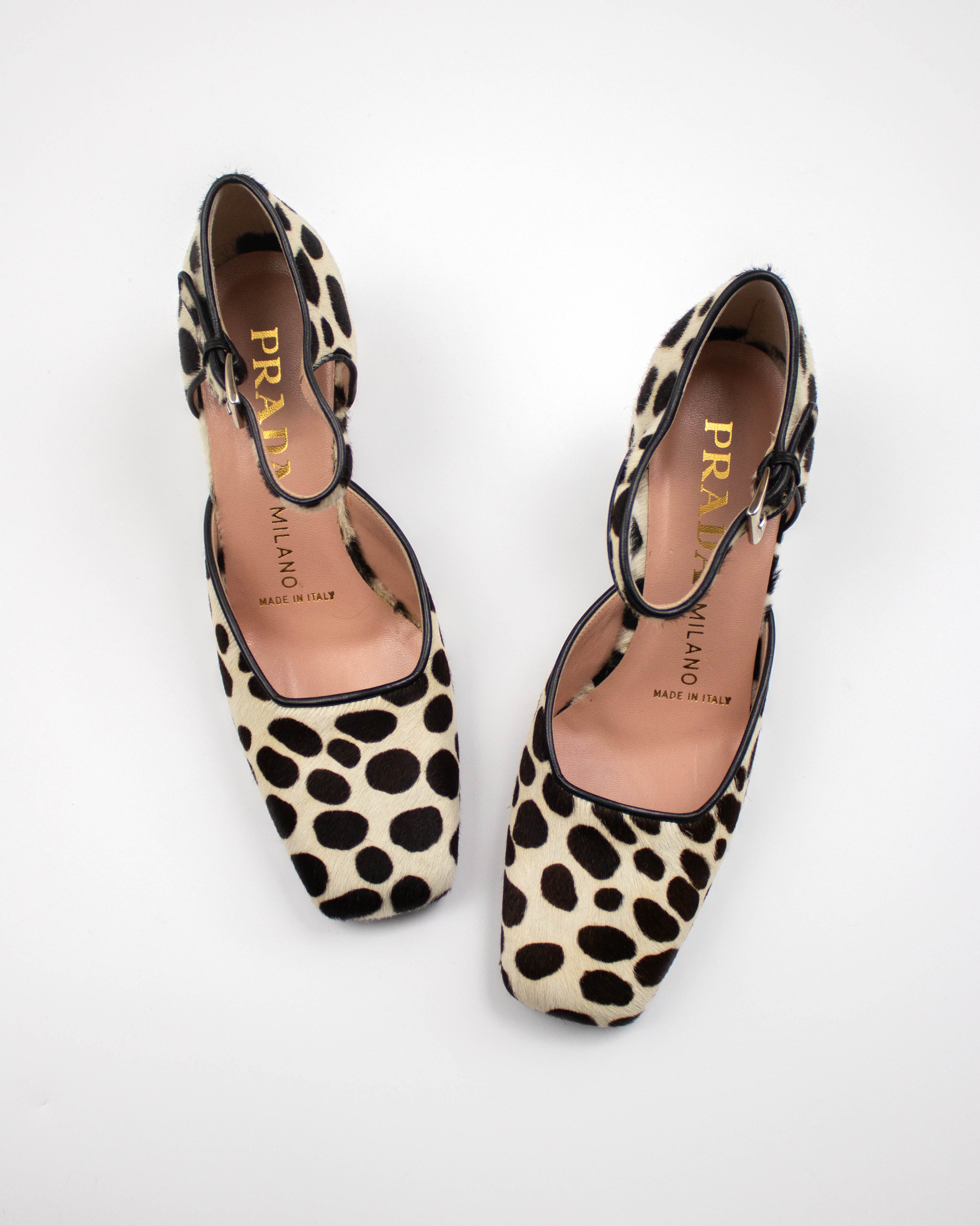 Vintage Prada F/W 1995 Dalmatian Print Ponyhair Mary Jane Heels