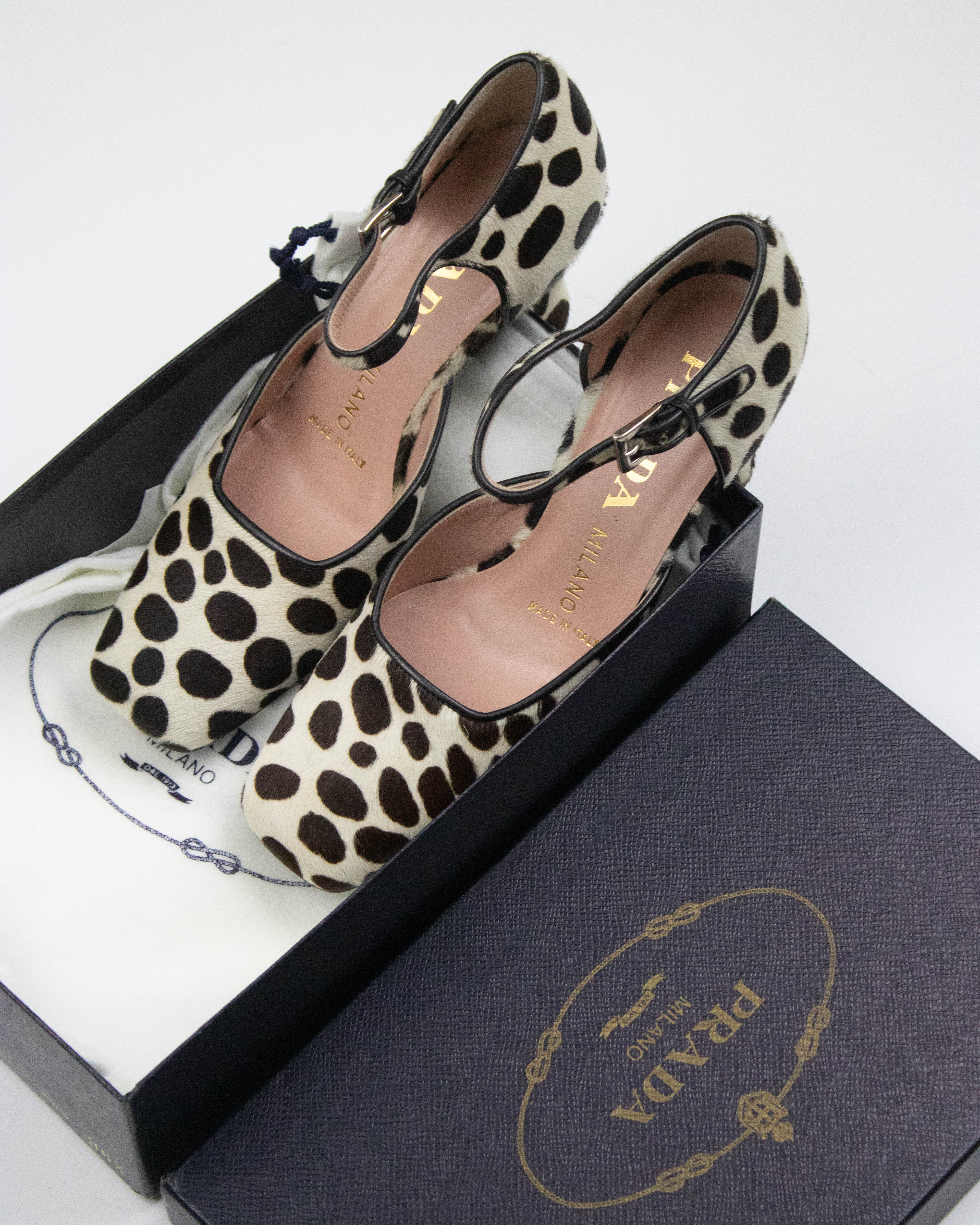 Vintage Prada F/W 1995 Dalmatian Print Ponyhair Mary Jane Heels