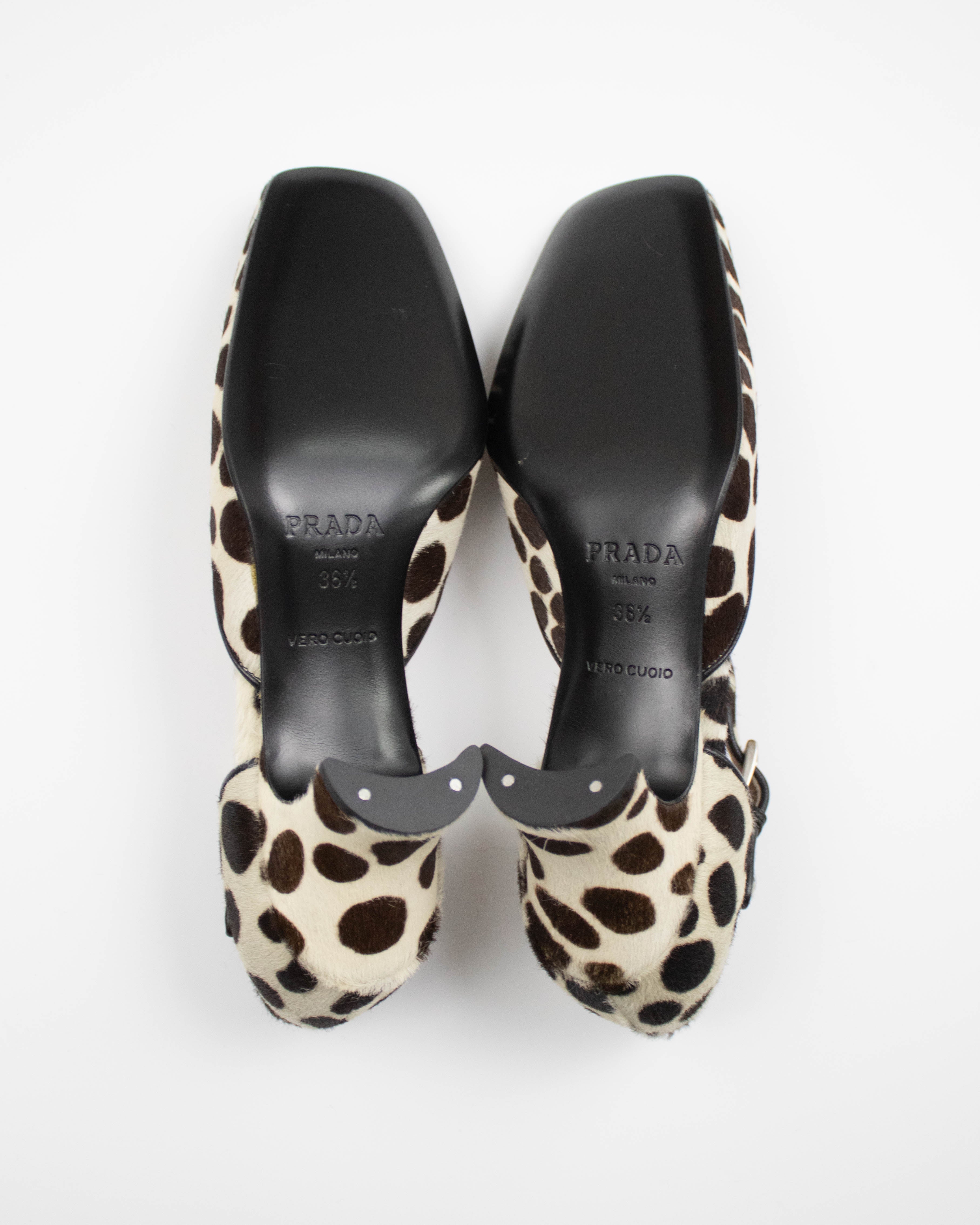 Vintage Prada F/W 1995 Dalmatian Print Ponyhair Mary Jane Heels