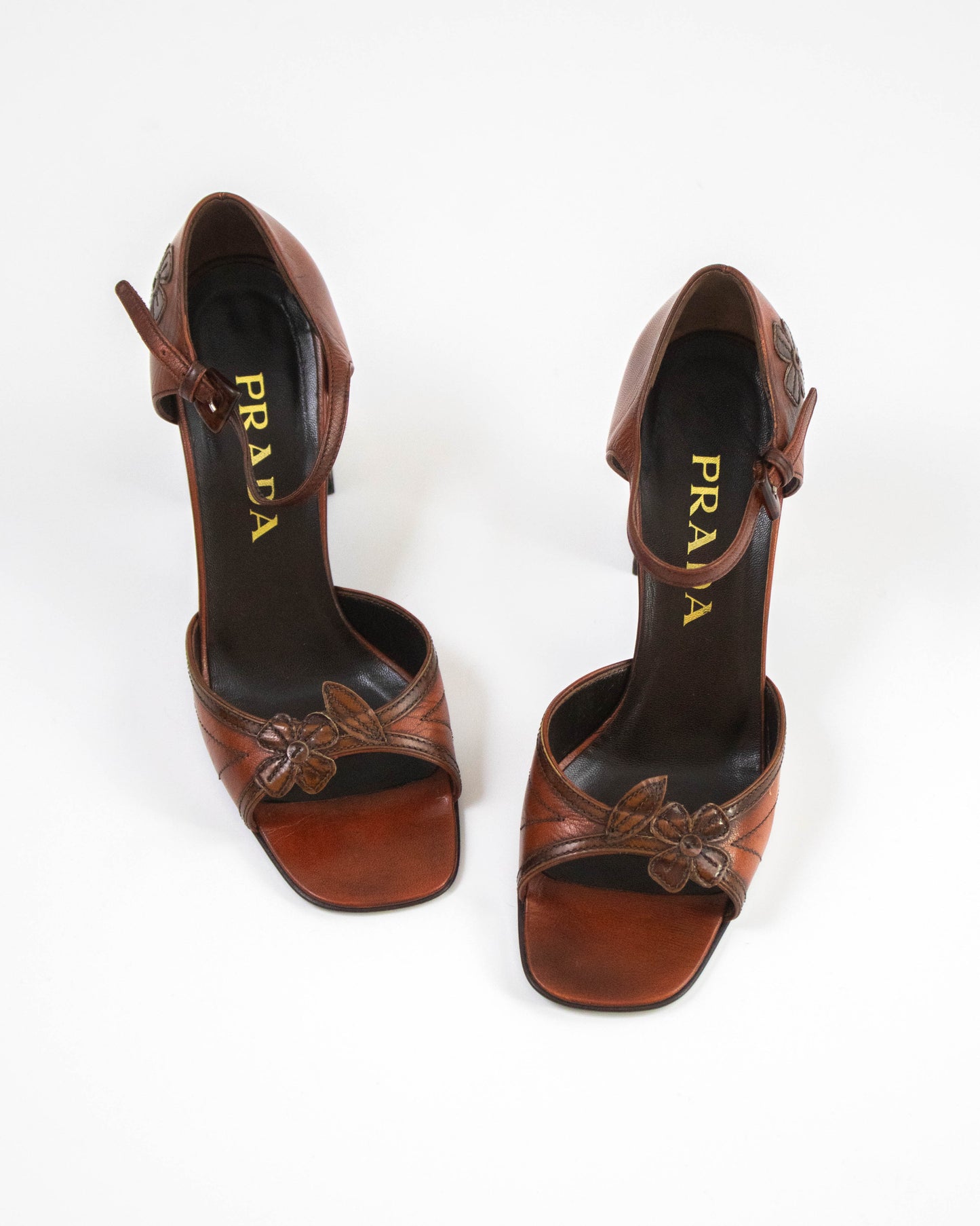 Vintage Prada F/W 1996 Brown Leather Flower Applique Runway Heels / 37.5 (US 7.5)