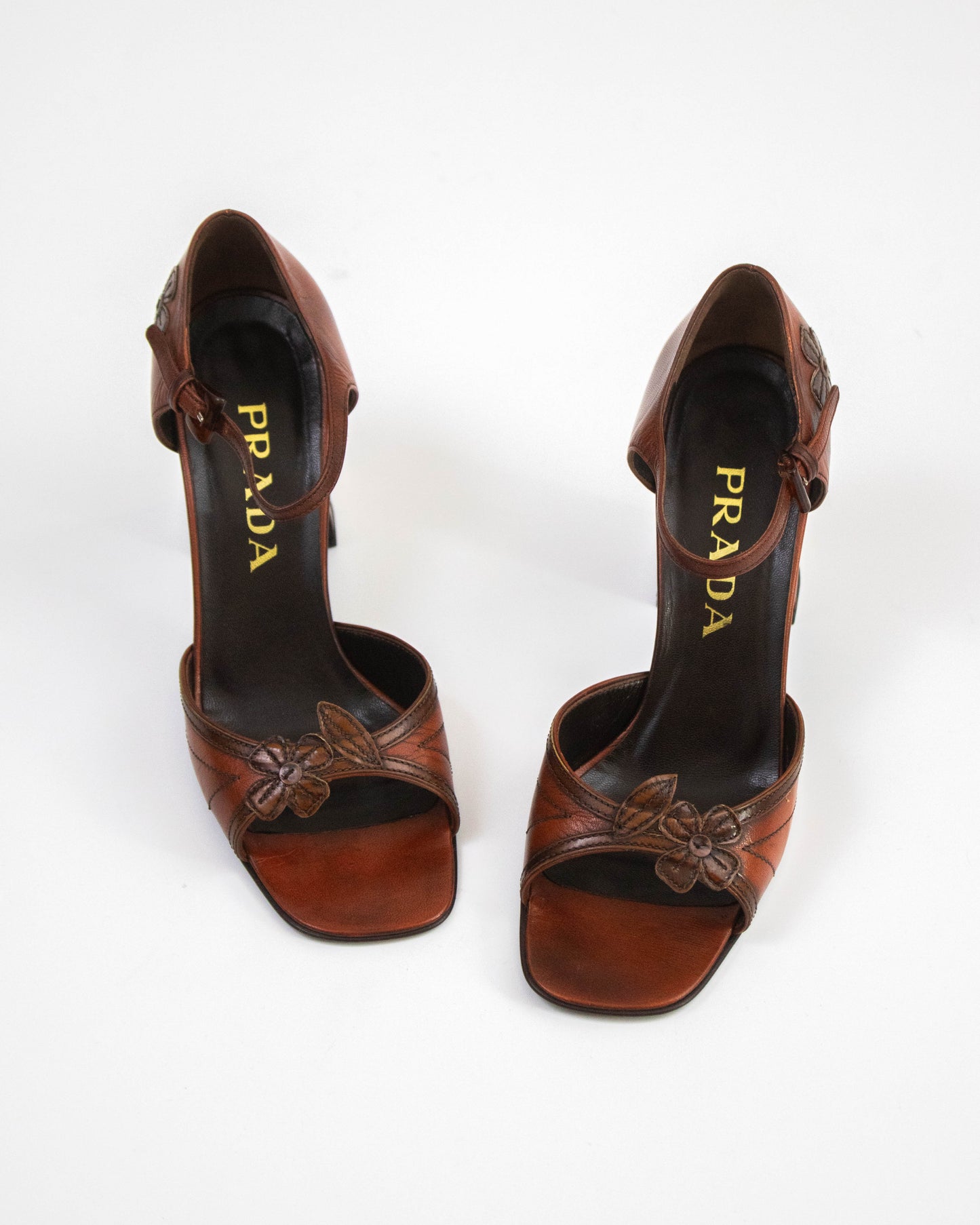 Vintage Prada F/W 1996 Brown Leather Flower Applique Runway Heels / 37.5 (US 7.5)