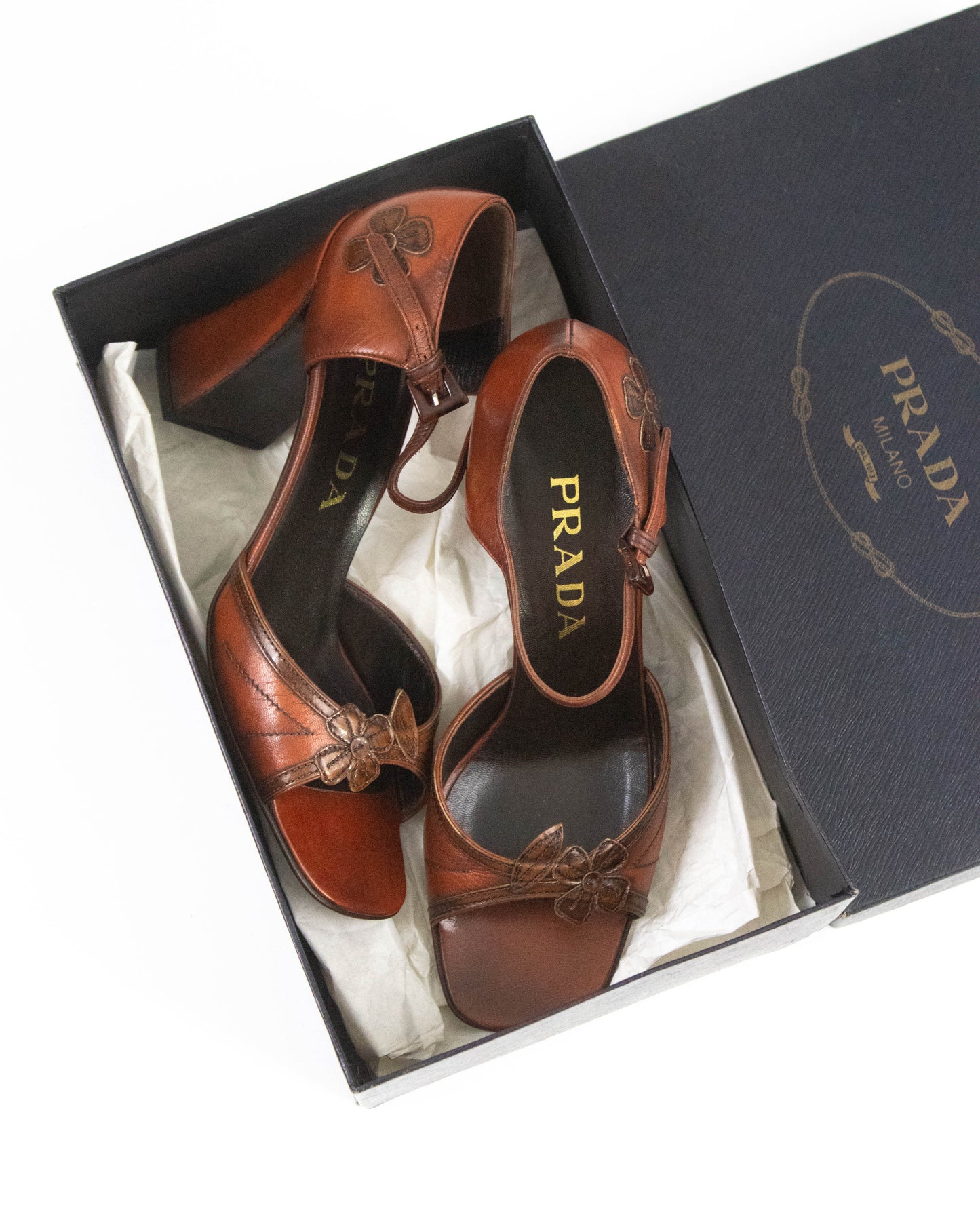Vintage Prada F/W 1996 Brown Leather Flower Applique Runway Heels / 37.5 (US 7.5)