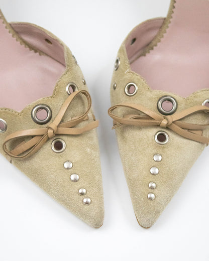 Vintage Prada Iconic Beige Suede Eyelet Bow Mule Heels / 35.5 (US 5.5)