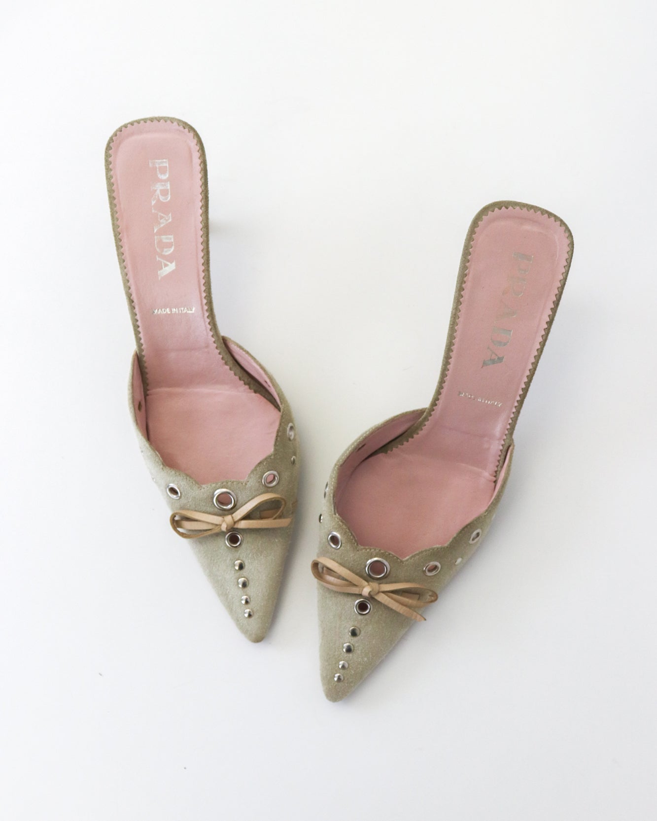 Vintage Prada Iconic Beige Suede Eyelet Bow Mule Heels / 37 (US 7)