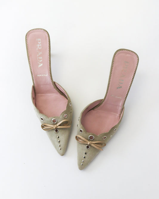 Vintage Prada Iconic Beige Suede Eyelet Bow Mule Heels / 37 (US 7)