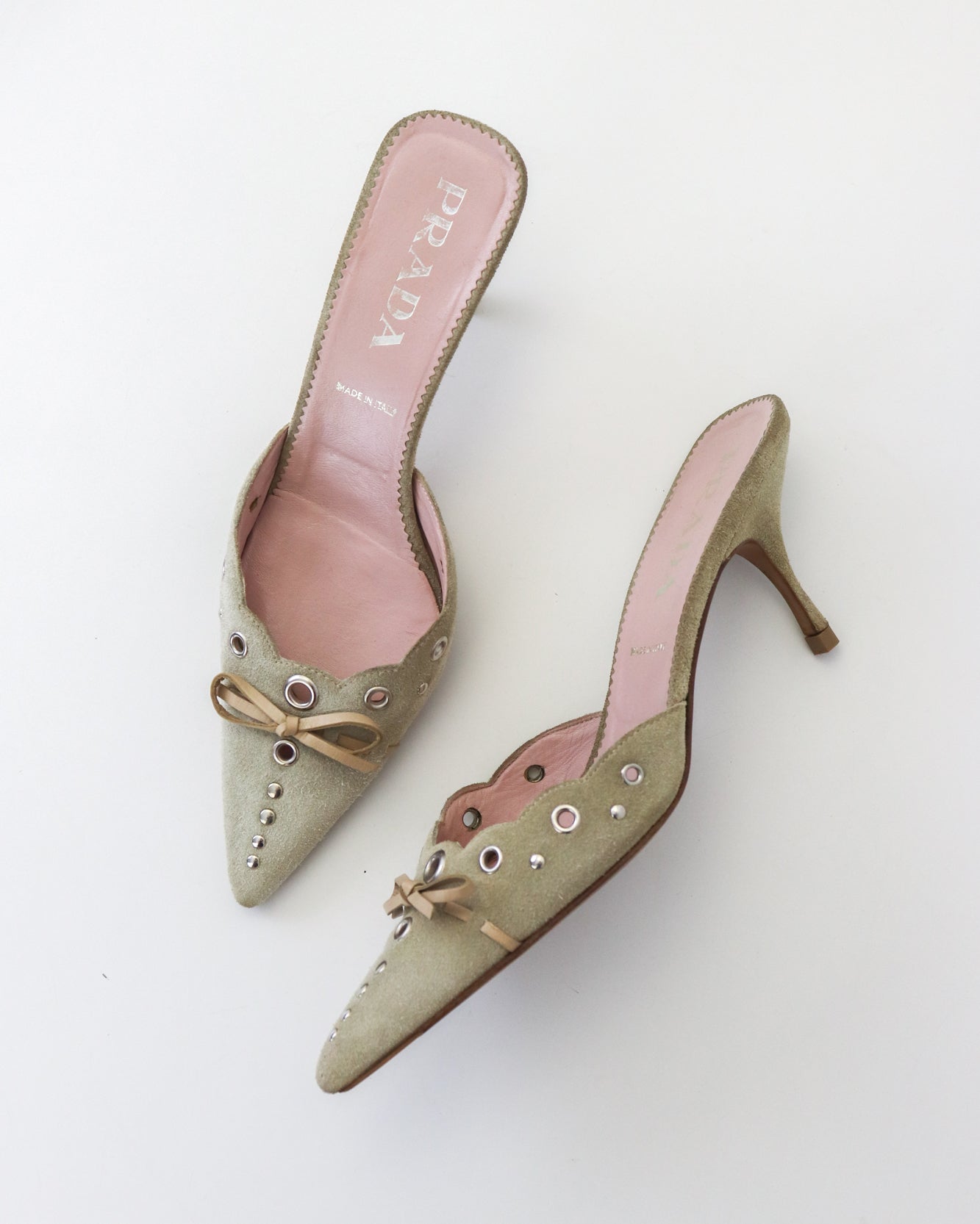Vintage Prada Iconic Beige Suede Eyelet Bow Mule Heels / 37 (US 7)