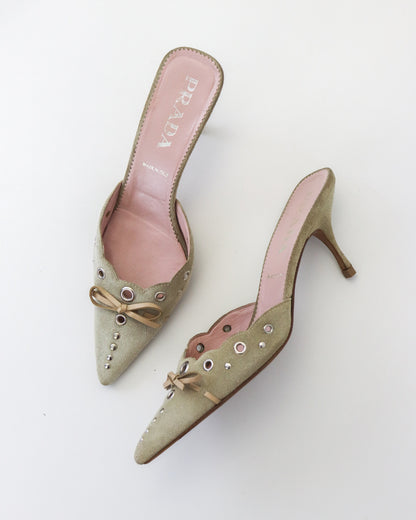 Vintage Prada Iconic Beige Suede Eyelet Bow Mule Heels / 37 (US 7)