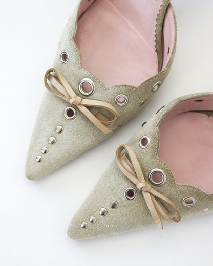 Vintage Prada Iconic Beige Suede Eyelet Bow Mule Heels / 37 (US 7)