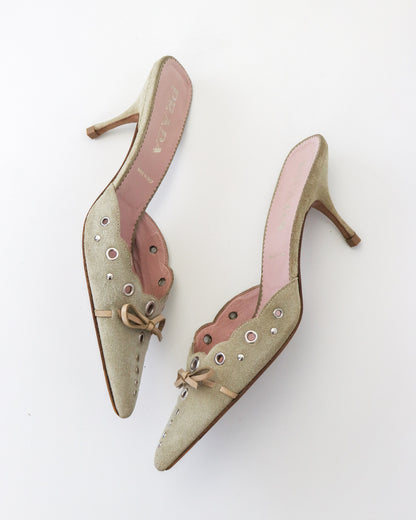 Vintage Prada Iconic Beige Suede Eyelet Bow Mule Heels / 37 (US 7)