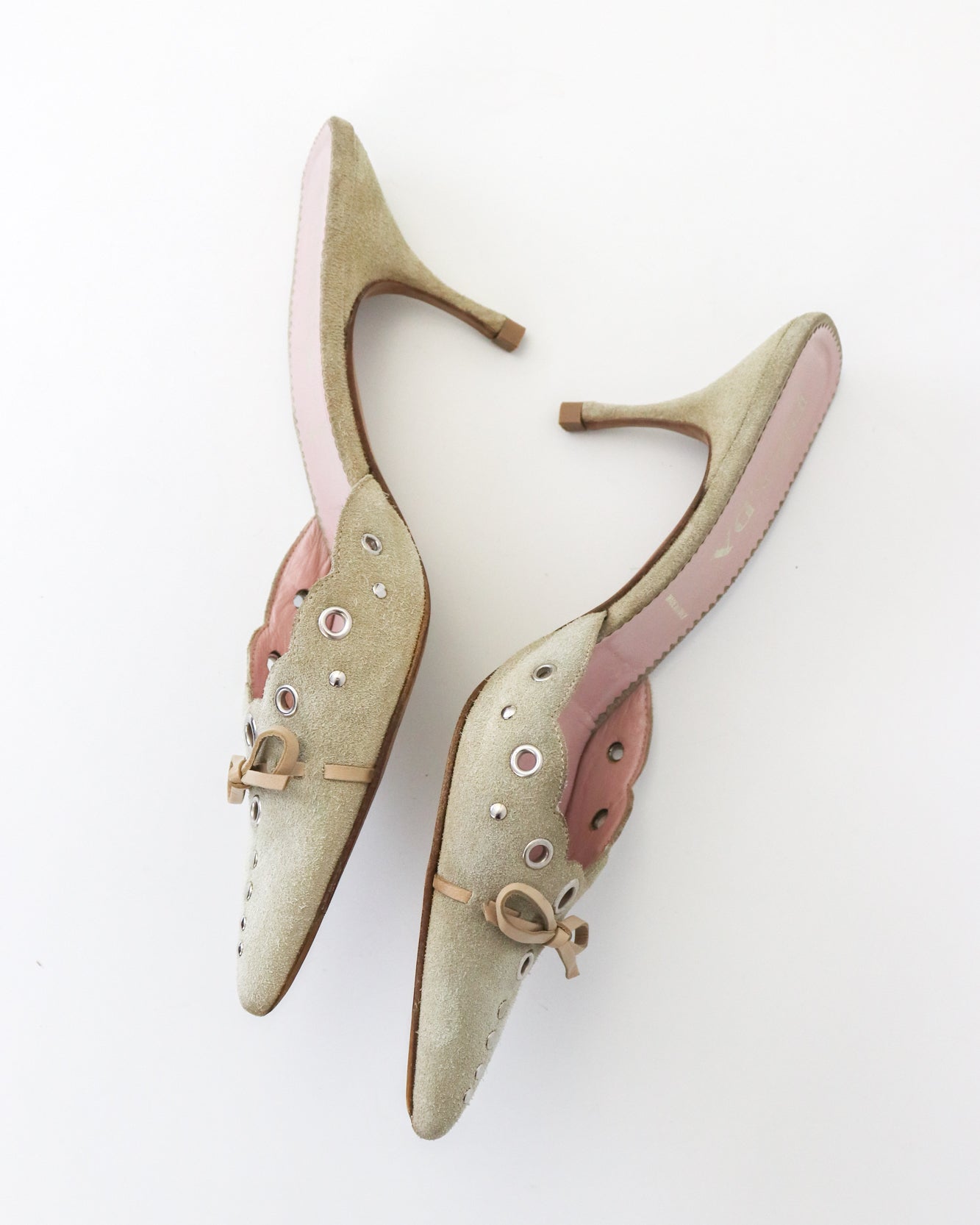 Vintage Prada Iconic Beige Suede Eyelet Bow Mule Heels / 37 (US 7)
