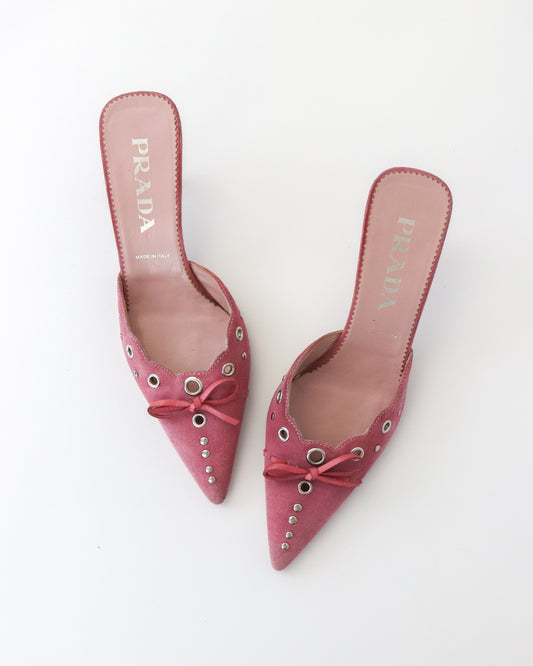Vintage Prada Iconic Pink Suede Eyelet Bow Mule Heels / 36 (US 6)